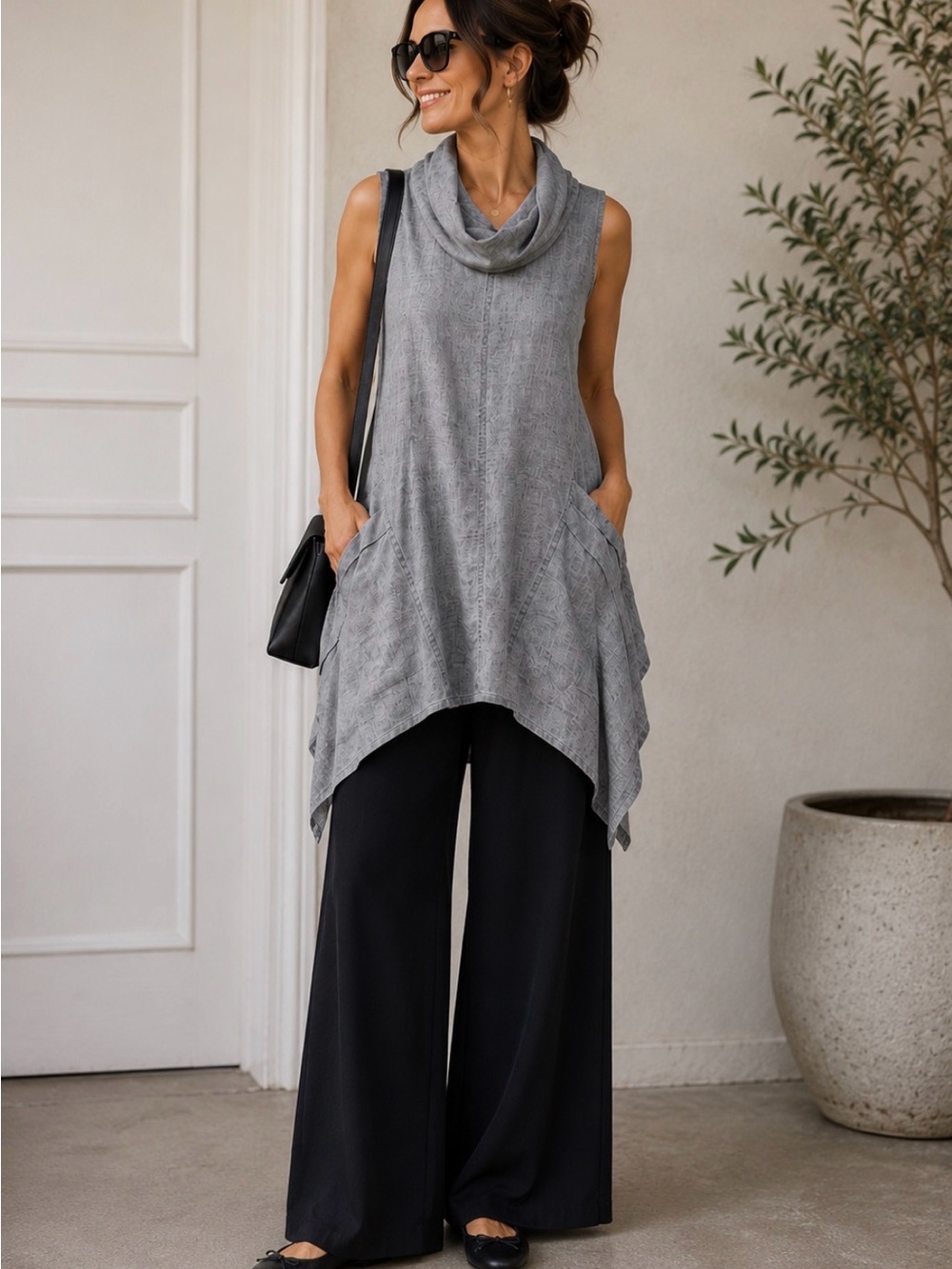 100% Linen Sleeveless Cowl Neck Tunic in Light Grey